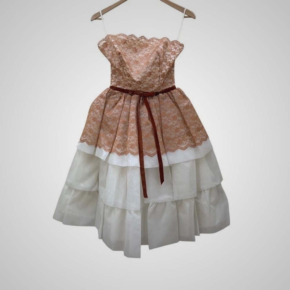 VTG 60s Strapless Tiered Lace Dress Sz XS Regency Coquette Formal Cottage Ballet